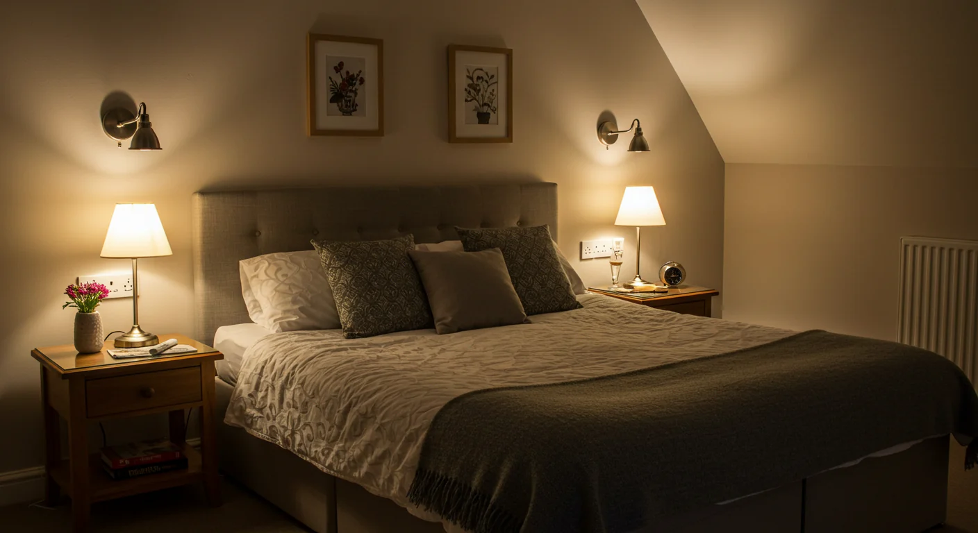 Cozy bedroom with soft warm light and neatly arranged pillows